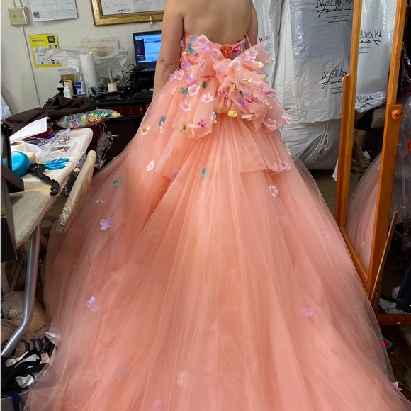 ( DM 1st) Peach Tulle Floral Appliqué Wedding or Quinceañera Gown Size 12-14 - Picture 10 of 16